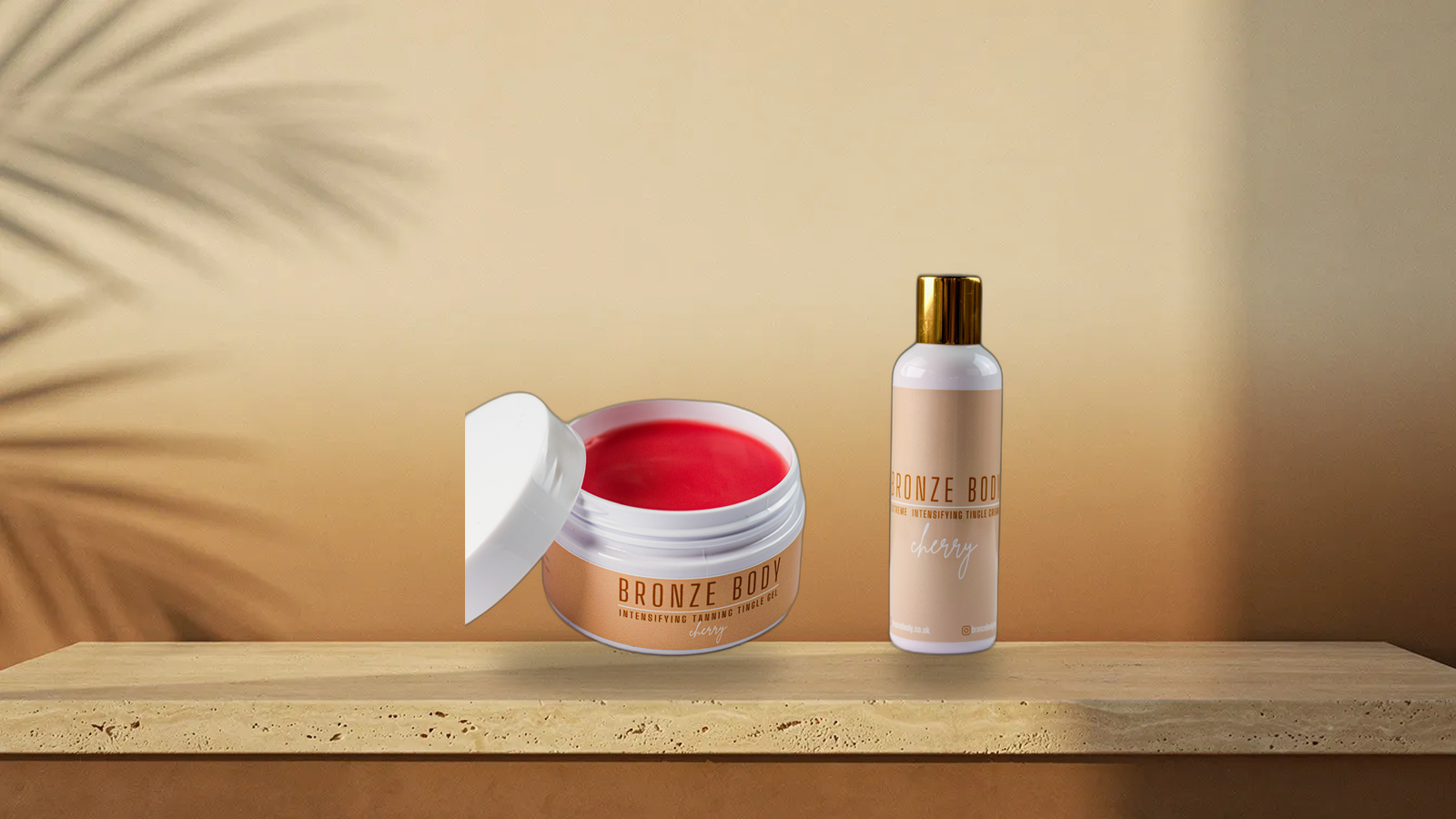 Bronze Body tanning gel and cream on a warm travertine ledge